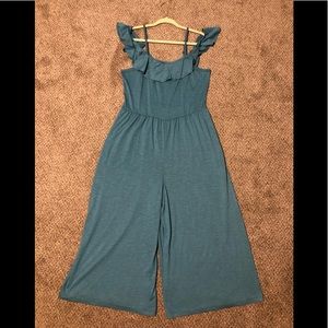 Blue/Teal Romper with Wide Legs, Spaghetti Straps, and Off Shoulder Ruffle